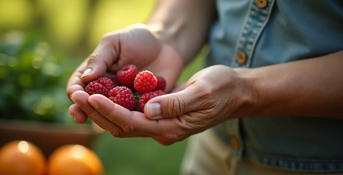 Main d'une personne âgée tenant des fruits frais avec des feuilles vertes en arrière-plan