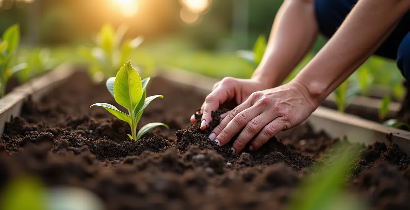 Axe Humain & Émotionnel : Mains de différentes générations travaillant ensemble la terre dans un jardin urbain partagé