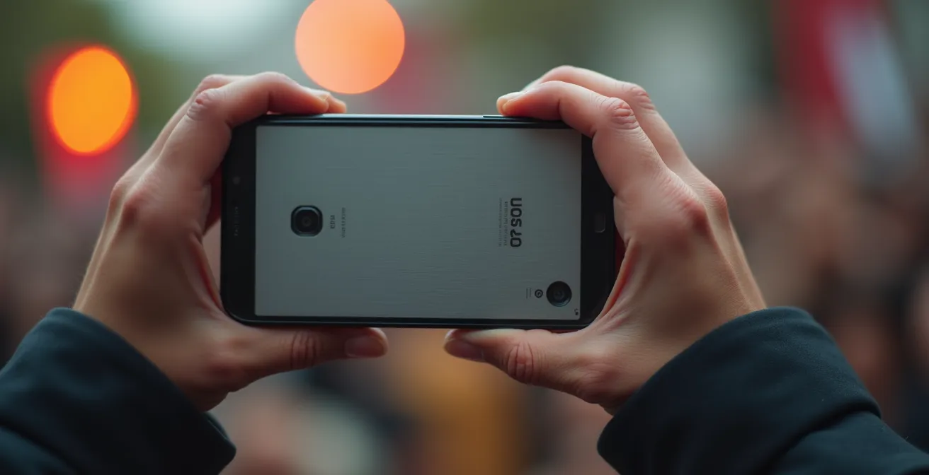 Axe Macro & Textural : Gros plan sur des mains tenant un smartphone filmant une manifestation floue en arrière-plan