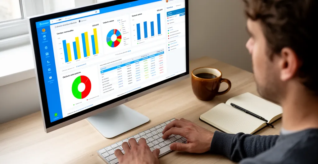 Vue par-dessus l'épaule d'une personne consultant plusieurs outils de gestion sur ordinateur