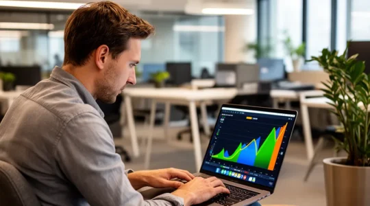 Entrepreneur consultant un tableau de bord sur ordinateur portable dans un espace lumineux