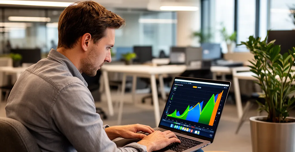 Entrepreneur consultant un tableau de bord sur ordinateur portable dans un espace lumineux