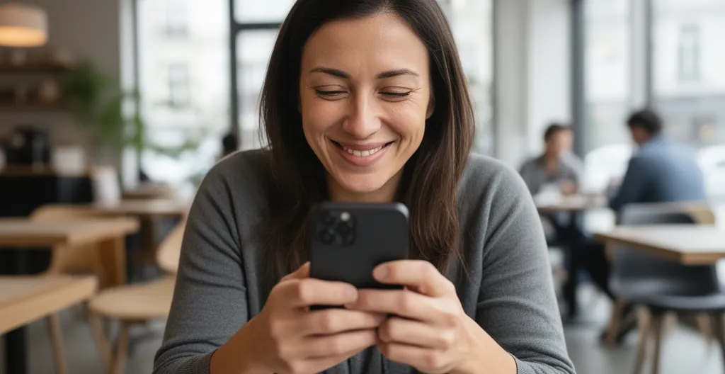 Personne consultant son smartphone avec une expression satisfaite dans un espace de travail