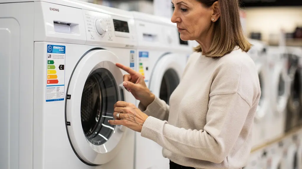 Cliente examinant l'étiquette énergie d'un lave-linge en magasin pour un achat durable