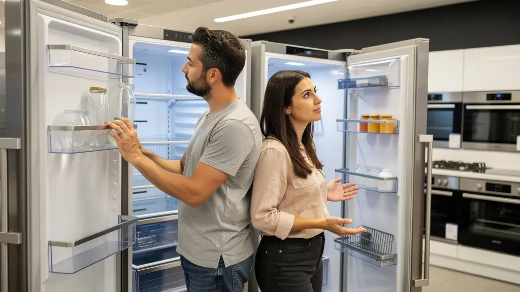 Couple comparant deux réfrigérateurs encastrables dans un showroom d'électroménager