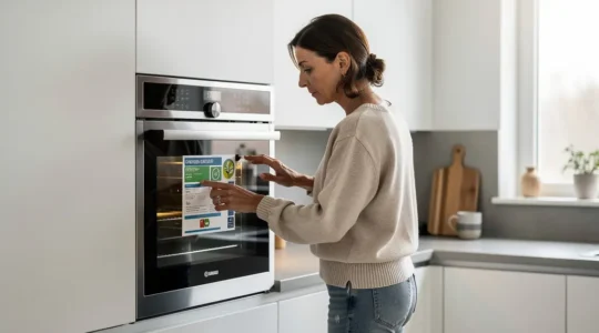 Femme examinant l'étiquette énergie d'un four encastrable dans une cuisine moderne