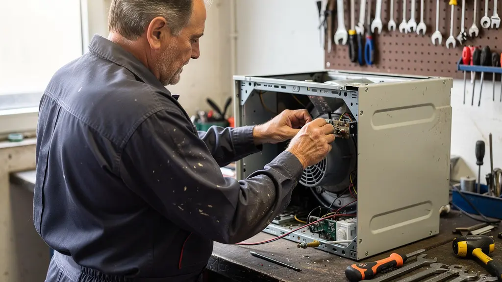 Technicien réparateur intervenant sur un appareil électroménager dans son atelier