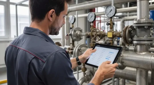 Technicien vérifiant un équipement énergétique industriel (fournisseur énergie responsable)