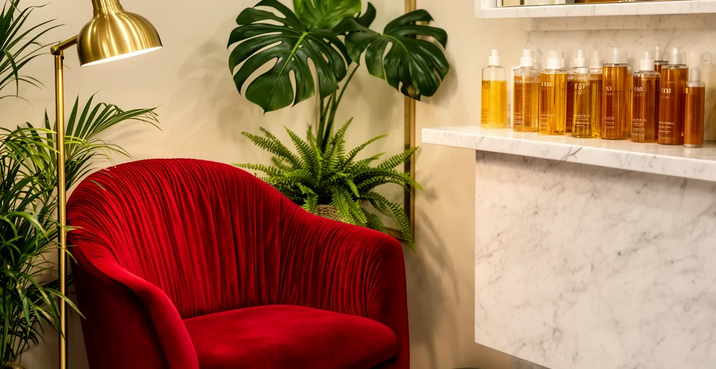 Coin salon de coiffure intimiste avec fauteuil velours et produits capillaires haut de gamme