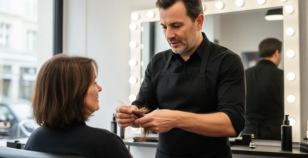 Coiffeur présentant une mèche de cheveux à sa cliente lors d'un conseil personnalisé
