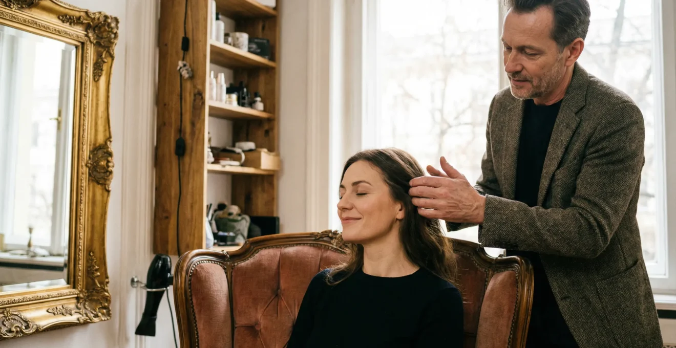 Coiffeur ajustant une mèche de cheveux dans un salon intimiste à Neuilly-sur-Seine