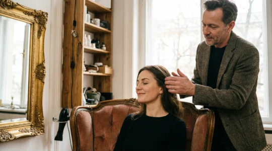 Coiffeur ajustant une mèche de cheveux dans un salon intimiste à Neuilly-sur-Seine