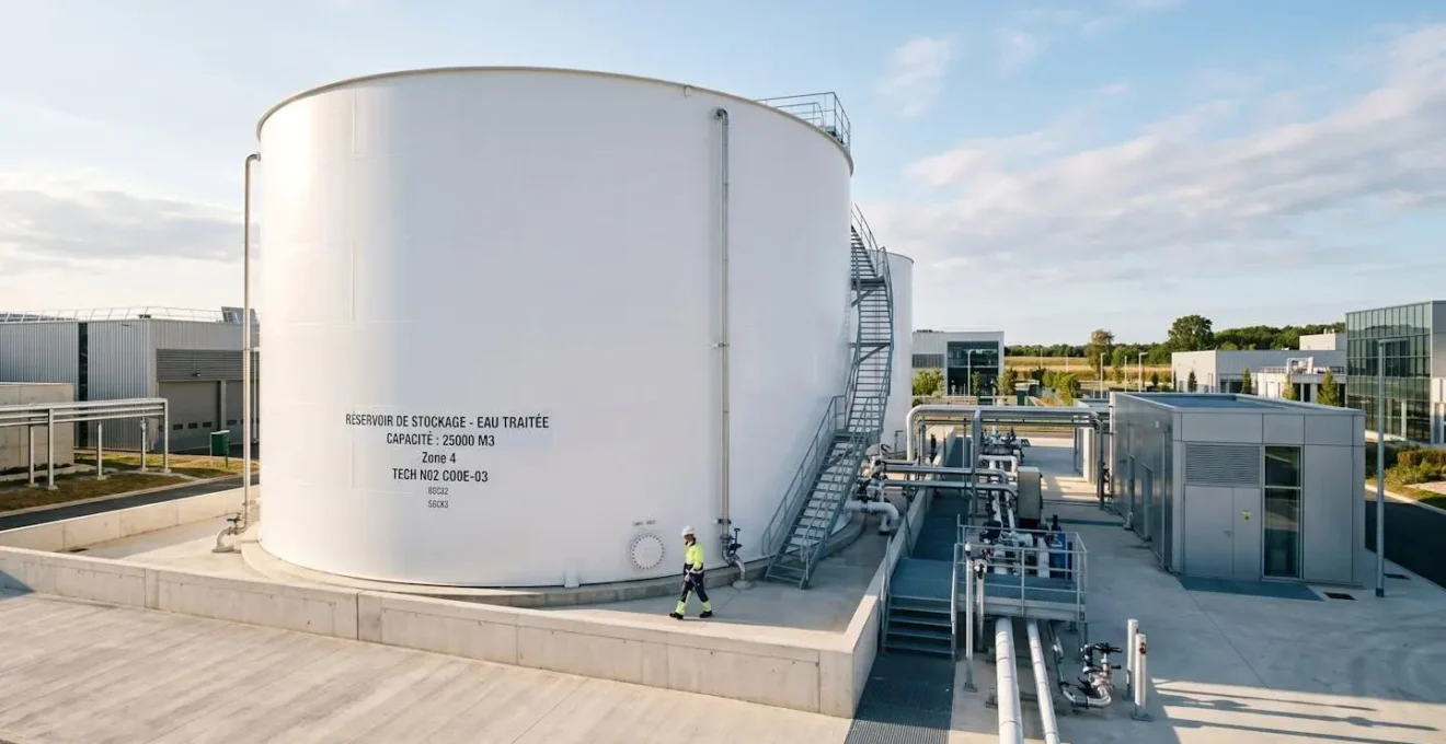 Grande cuve de stockage cylindrique blanche dans une installation industrielle moderne sous un ciel dégagé