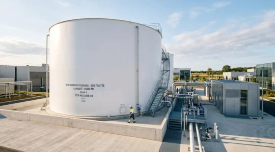 Grande cuve de stockage cylindrique blanche dans une installation industrielle moderne sous un ciel dégagé