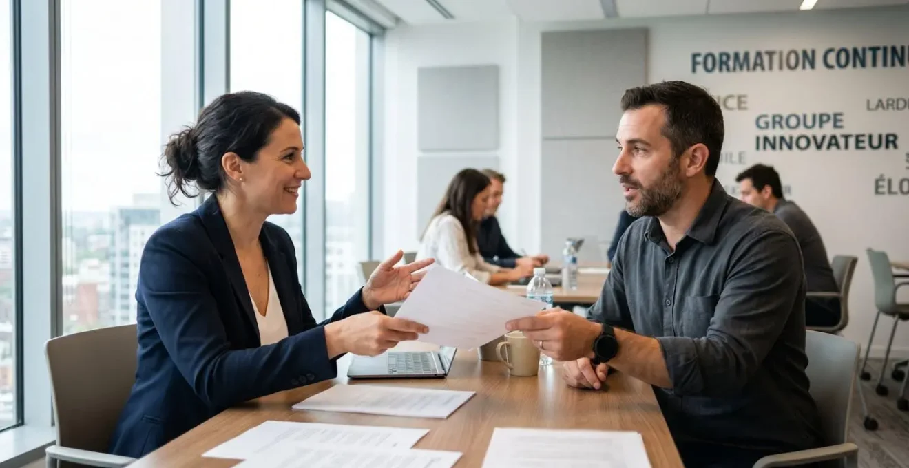 Deux adultes en discussion professionnelle dans une salle de formation lumineuse, échangeant des documents, vus de profil dans un cadre contemporain