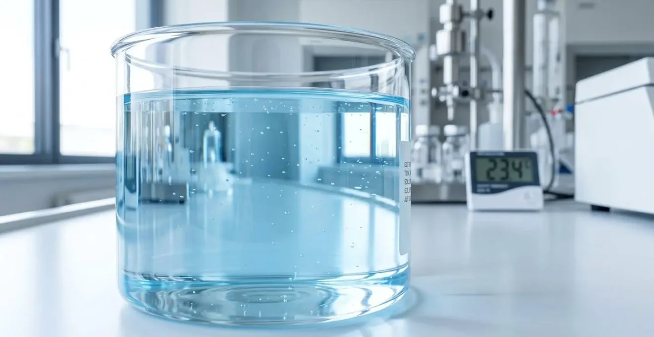 Gros plan macro sur du liquide AdBlue parfaitement translucide avec une légère teinte bleutée dans un récipient en verre