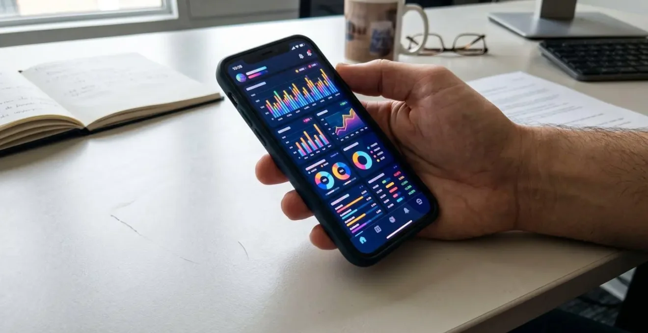 Gros plan sur une main d'adulte consultant un smartphone avec écran flouté, dans un environnement lumineux et épuré