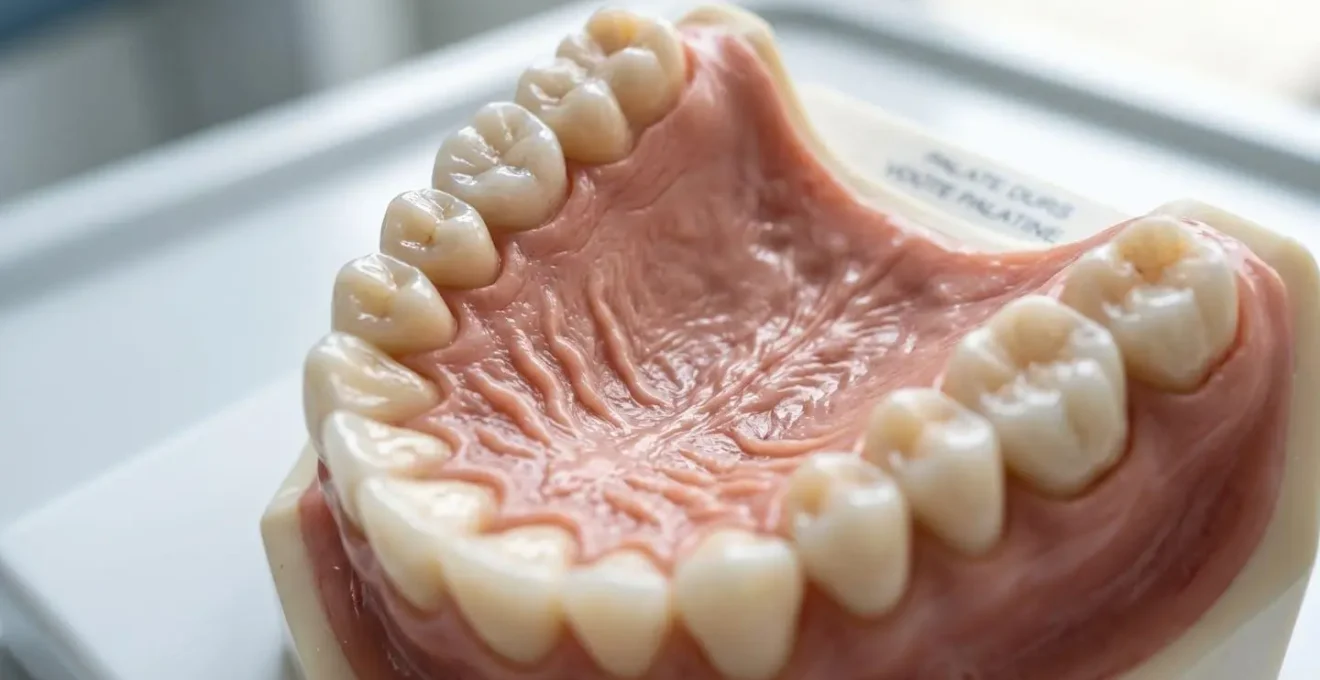 Gros plan macro sur un modèle anatomique dentaire montrant la structure du palais et de l'arcade dentaire