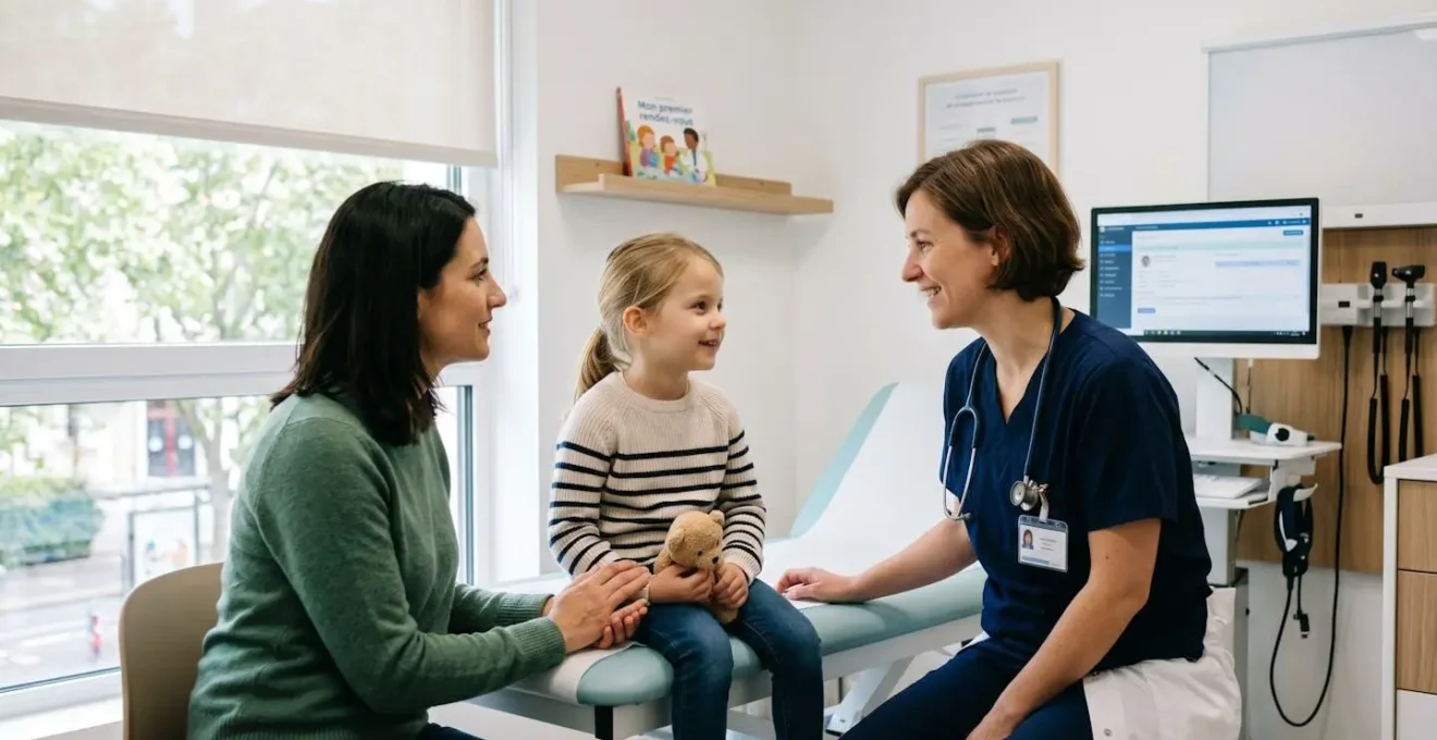 Un parent et son enfant vus de profil lors d'une consultation dans un cabinet médical contemporain lumineux