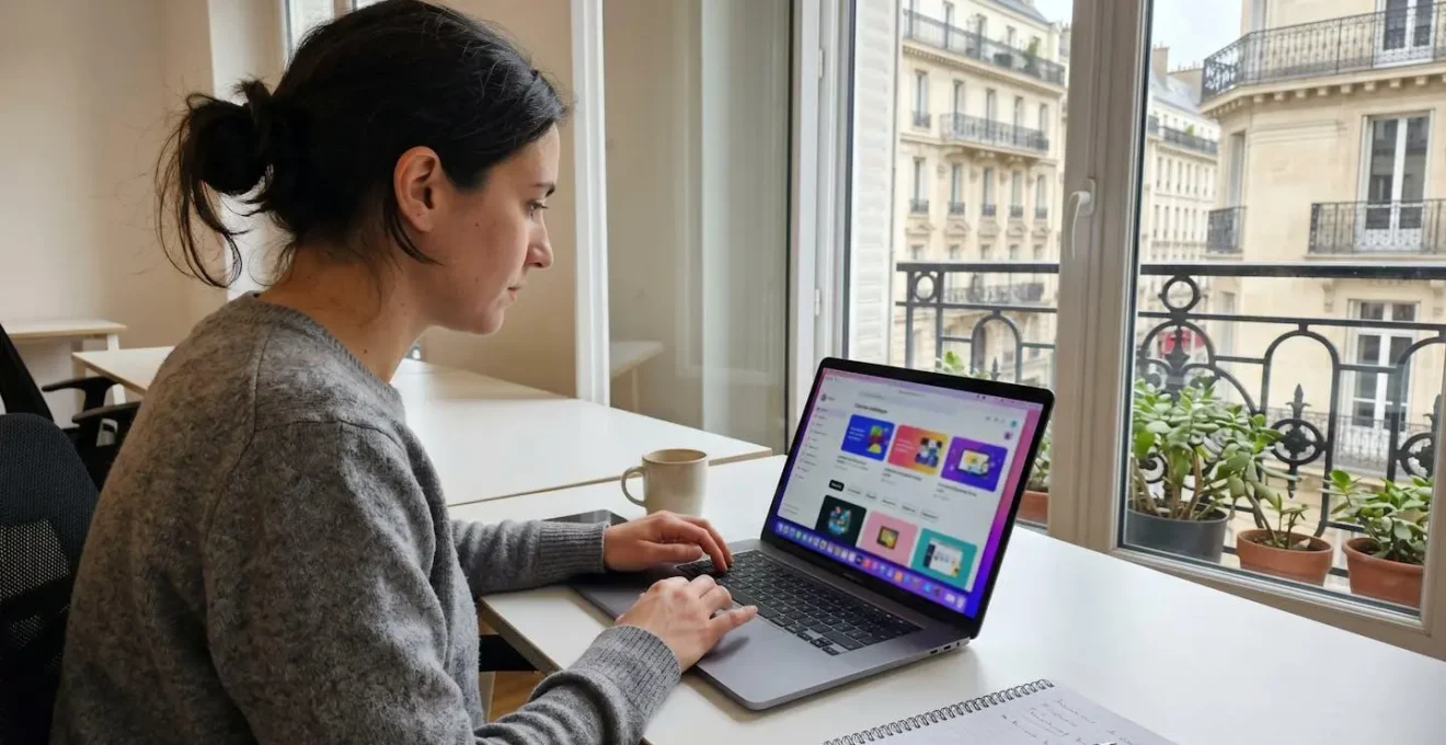 Personne consultant sur un ordinateur le catalogue en ligne des formations financées par le Conseil Régional, focus sur l'écran et les mains