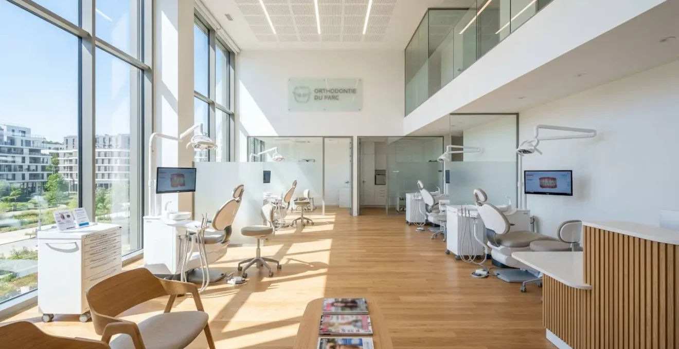 Salle de consultation orthodontique moderne et lumineuse avec grandes fenêtres, équipements contemporains, architecture 2026