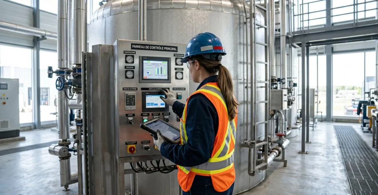 Plan moyen d'un technicien en gilet haute visibilité consultant le panneau de contrôle d'une cuve de stockage isolée