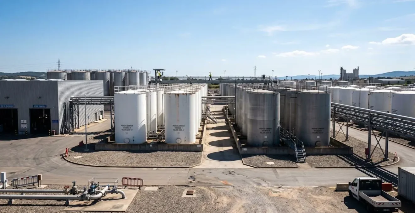 Vue grand angle d'une zone de stockage industrielle avec de grandes cuves cylindriques sous un soleil éclatant créant des ombres marquées