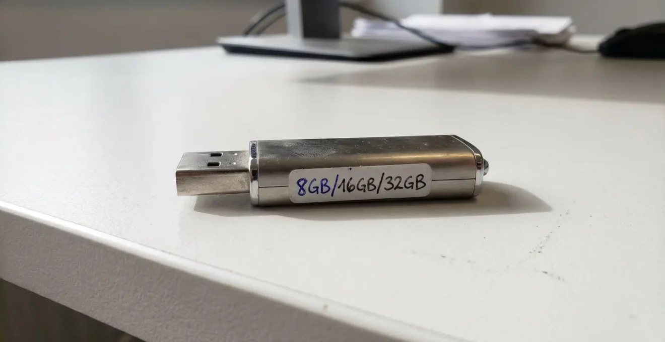 Gros plan d'une clé USB métallique posée sur bureau blanc moderne, étiquette de capacité partiellement visible, éclairage naturel latéral créant des ombres douces