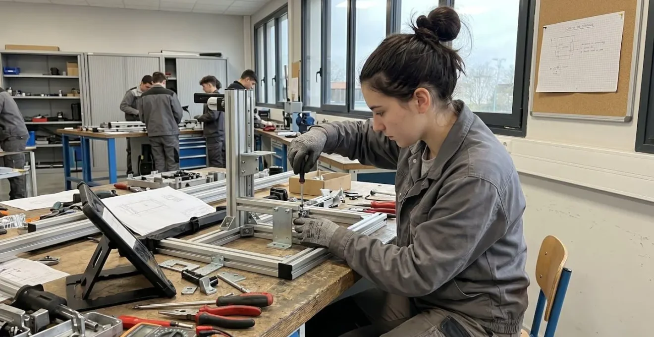 Jeune en formation professionnelle assemblant un équipement technique dans un atelier moderne avec lumière naturelle