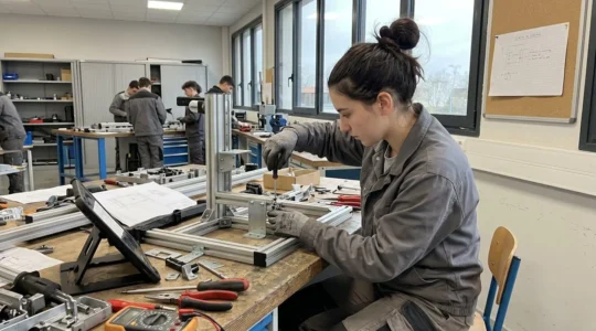 Jeune en formation professionnelle assemblant un équipement technique dans un atelier moderne avec lumière naturelle