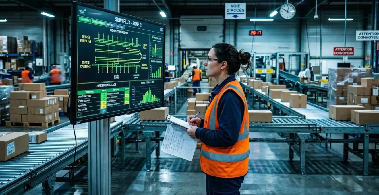Opératrice debout devant un grand écran de monitoring affichant des graphiques de production en temps réel, dans un atelier industriel faiblement éclairé de nuit