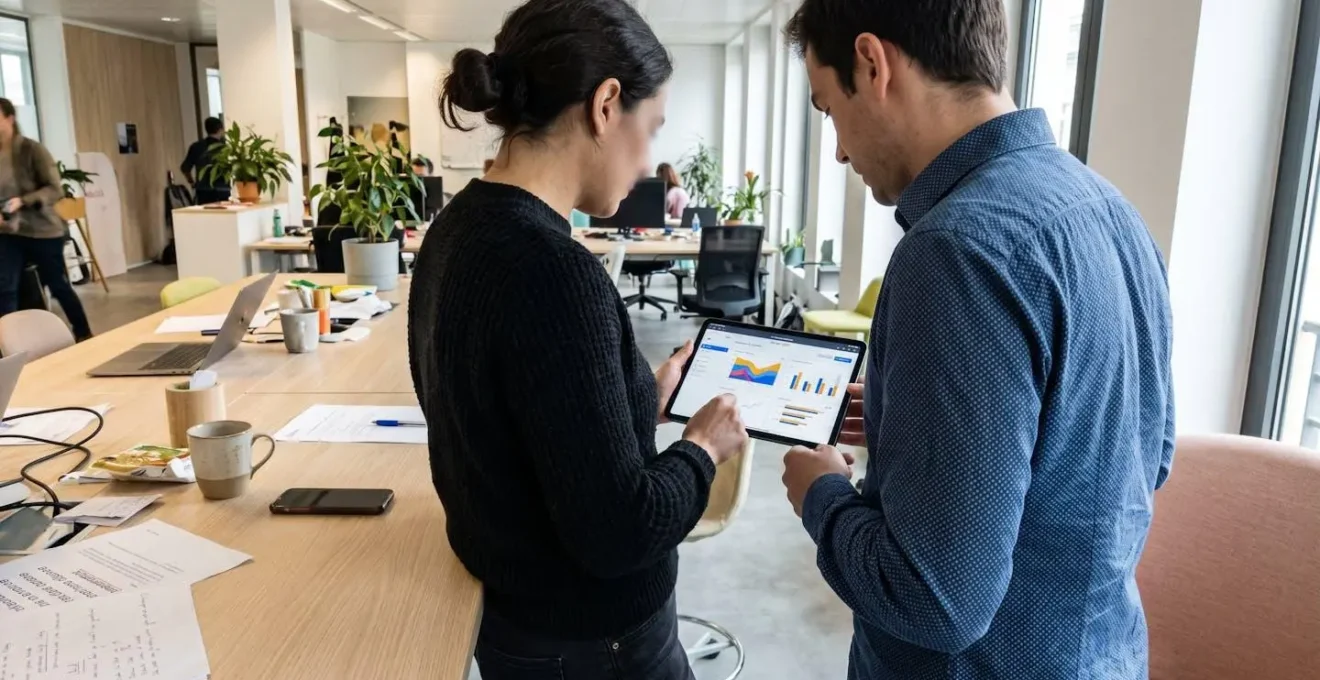 Deux professionnels en open space moderne analysent ensemble un tableau comparatif sur tablette, l'un de profil désignant des critères techniques, l'autre de dos consultant l'écran