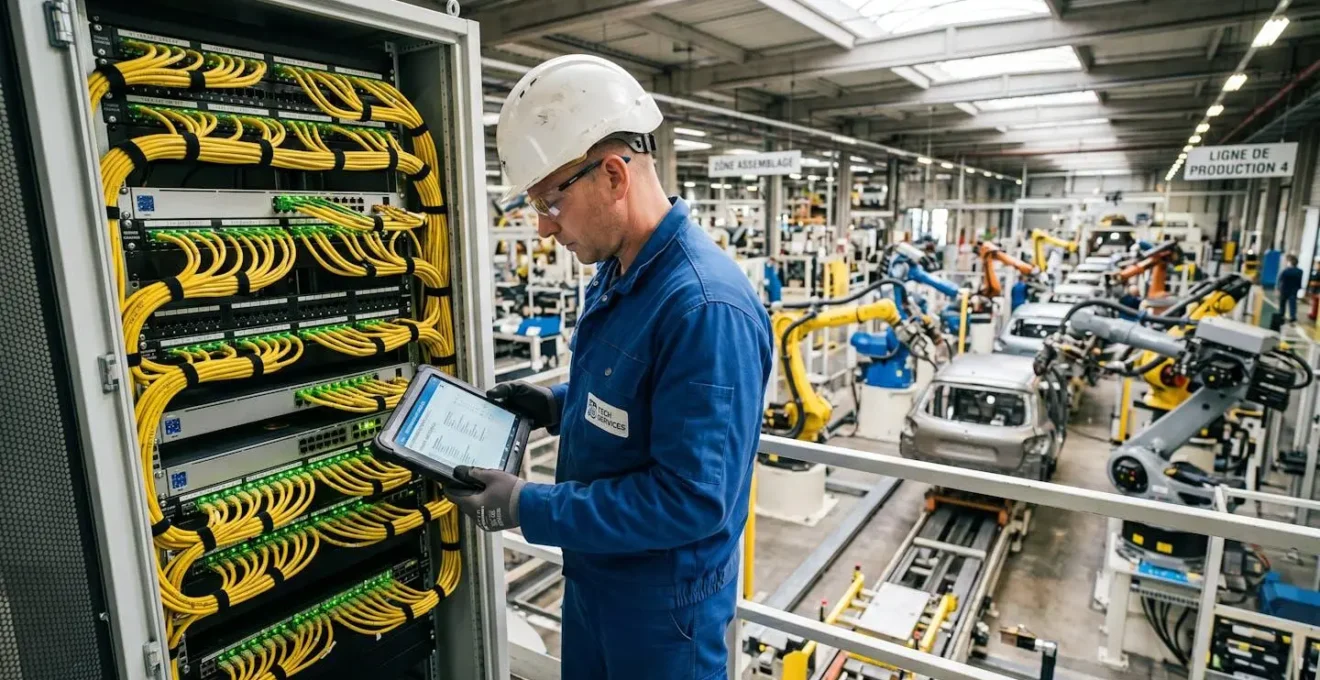 Technicien vérifiant l'installation d'un rack compact de micro datacenter dans un atelier industriel éclairé, avec machines connectées en arrière-plan
