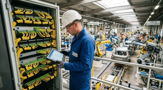 Technicien vérifiant l'installation d'un rack compact de micro datacenter dans un atelier industriel éclairé, avec machines connectées en arrière-plan