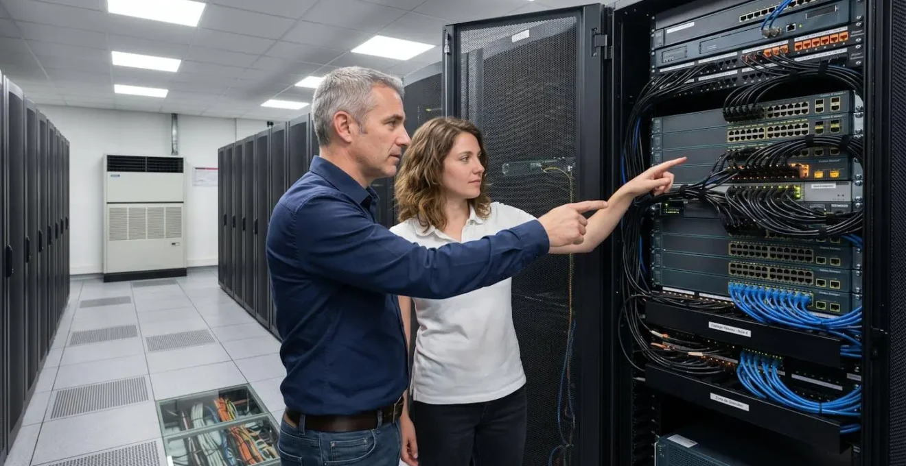 Deux techniciens en vêtements de travail discutant et pointant du doigt un rack serveur ouvert, dans une salle technique éclairée par néons blancs