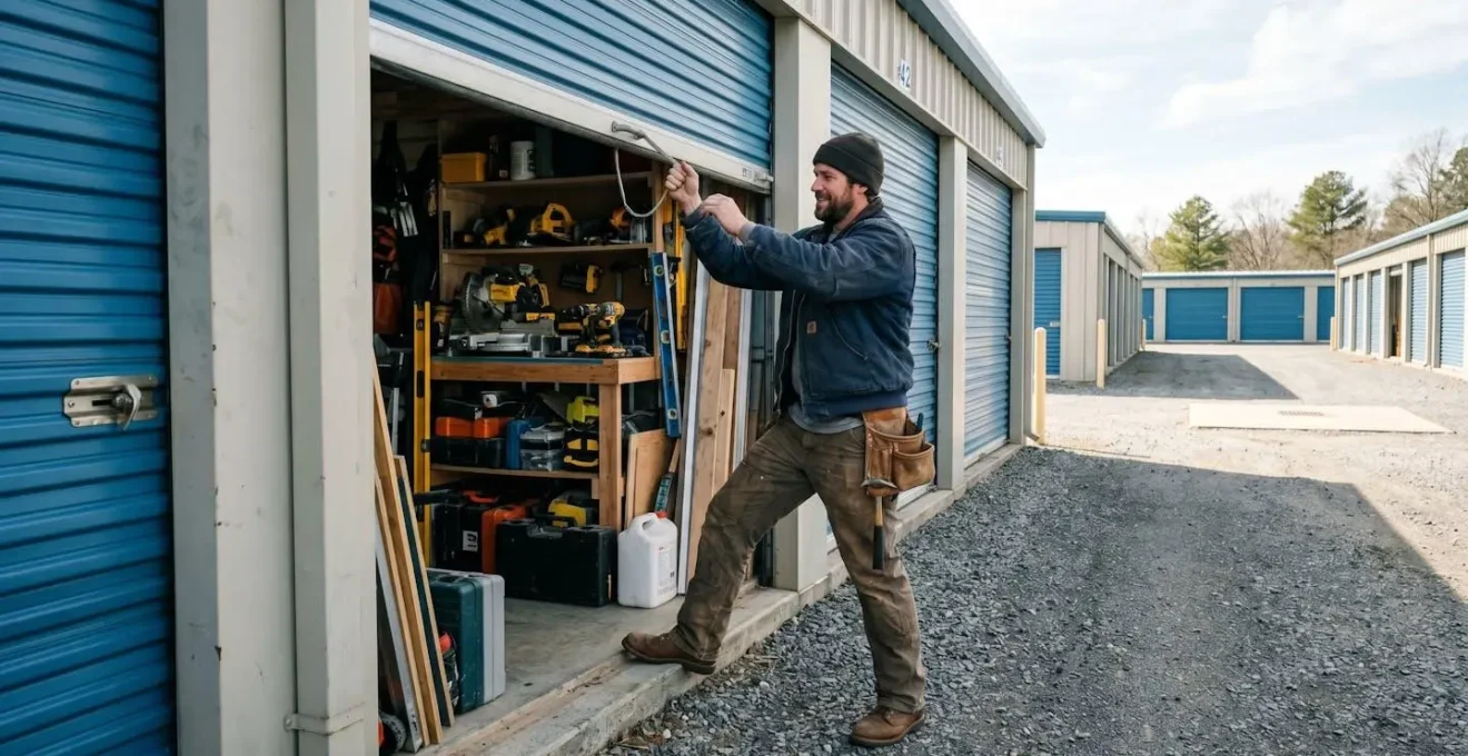 Artisan accédant à son box de stockage pour récupérer du matériel de chantier