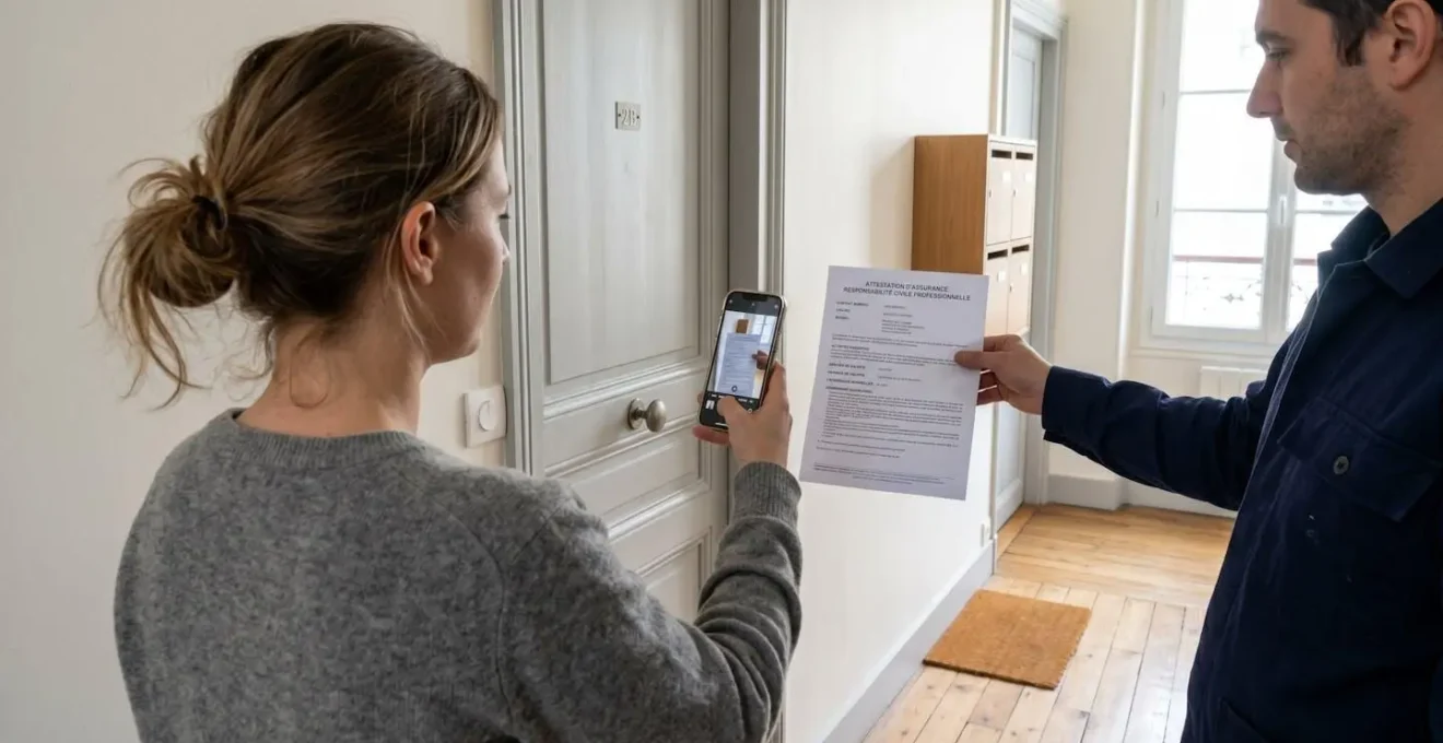 Client photographiant avec son smartphone le certificat d'assurance responsabilité civile professionnelle présenté par un serrurier avant intervention