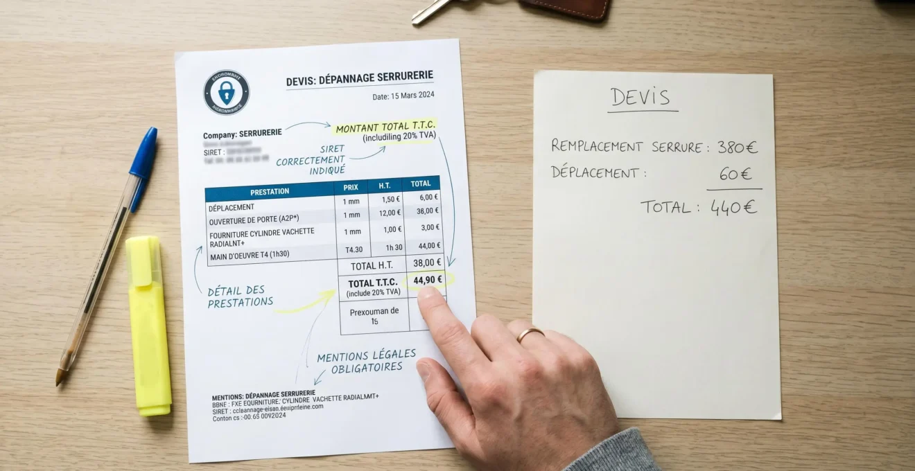 Comparaison visuelle entre un devis de serrurerie conforme avec mentions obligatoires annotées en français et un devis incomplet suspect, sur bureau contemporain
