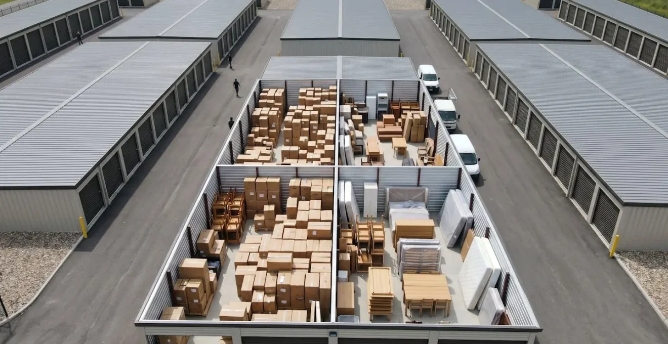 Vue aérienne de boxes de stockage ouverts avec différents types de meubles et cartons soigneusement rangés