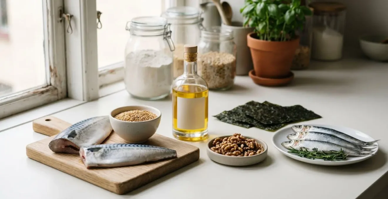 Comptoir de cuisine blanc avec arrangement naturel de sources d'oméga-3 : filets de maquereau frais, graines de lin dorées, huile de colza, noix et feuilles de nori, éclairés par lumière matinale douce