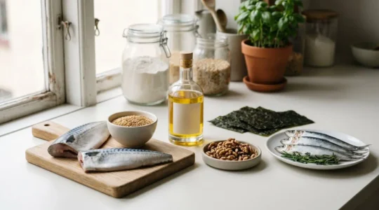 Comptoir de cuisine blanc avec arrangement naturel de sources d'oméga-3 : filets de maquereau frais, graines de lin dorées, huile de colza, noix et feuilles de nori, éclairés par lumière matinale douce