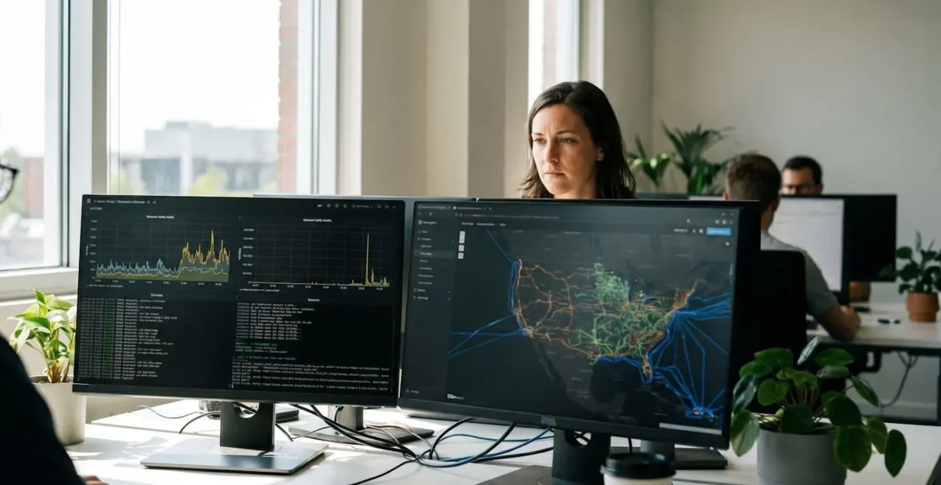 Développeur analysant des données de géolocalisation IP sur un écran de code