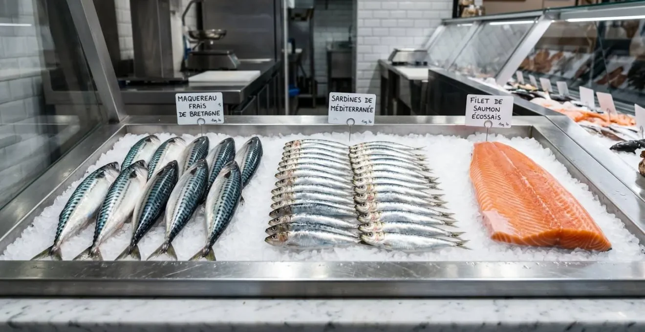 Étal de poissonnier français avec trois types de poissons gras sur glace : maquereaux à peau bleu-vert, sardines argentées et pavé de saumon rose, avec étiquettes manuscrites