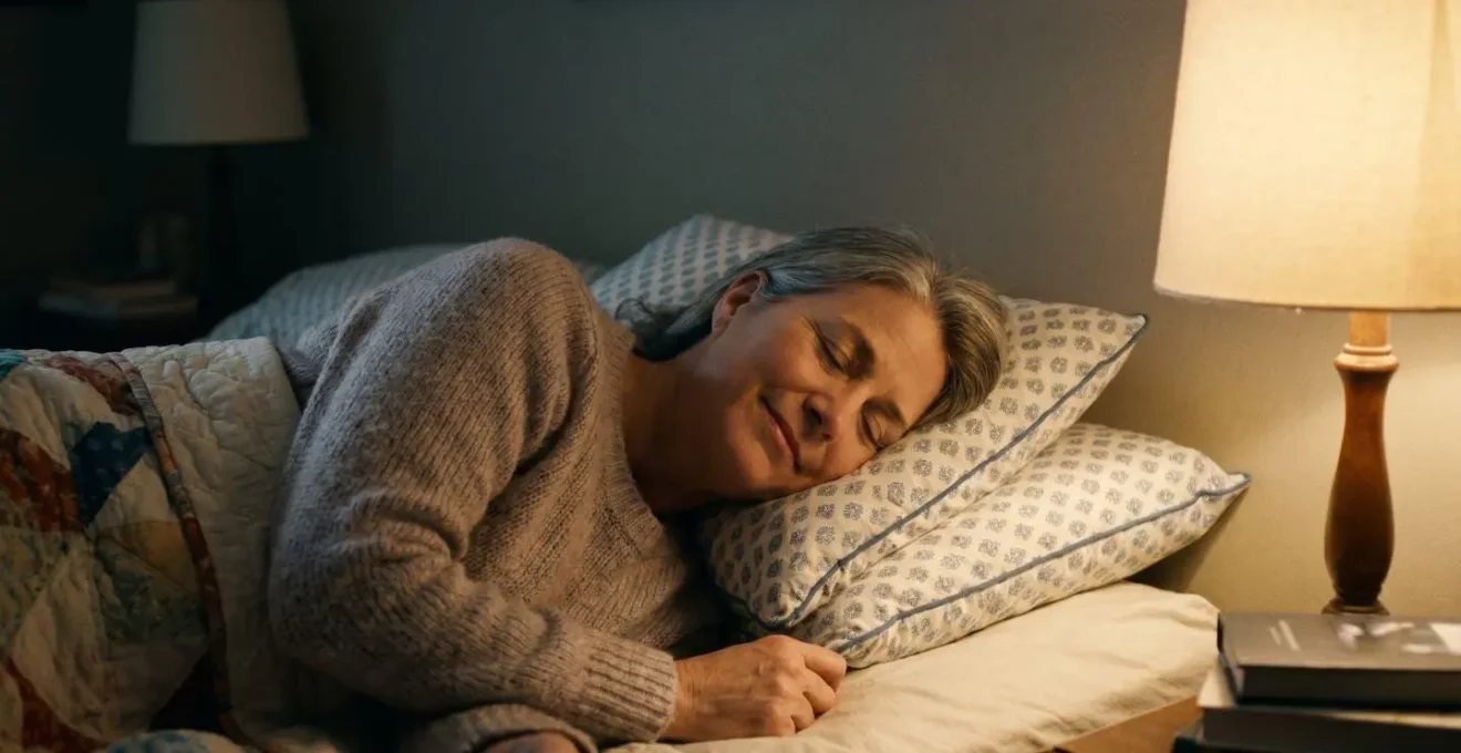 Femme allongée sur un lit, tête surélevée par deux oreillers, yeux fermés au repos, lumière tamisée de chambre