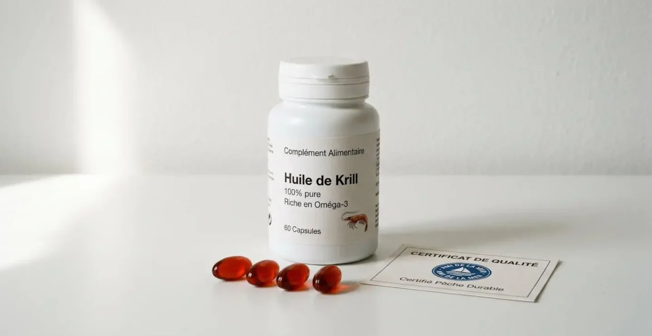 Flacon blanc de complément huile de krill avec gélules rouge-orangé translucides disposées devant et certificat de qualité, sur fond blanc minimaliste avec ombre portée