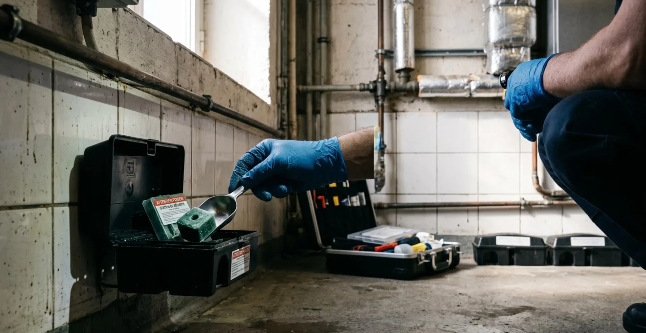 Mains gantées de technicien plaçant un appât rodenticide dans un boîtier de sécurité noir le long d'un mur de cave, tuyauterie visible en arrière-plan