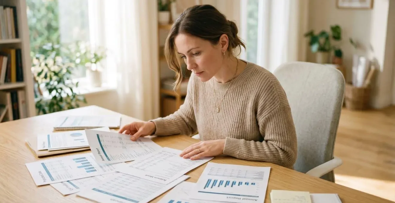 Un particulier adulte comparant des documents contractuels d'assurance vie posés sur une table claire, stylet à la main, dans un intérieur lumineux