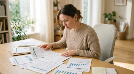 Un particulier adulte comparant des documents contractuels d'assurance vie posés sur une table claire, stylet à la main, dans un intérieur lumineux