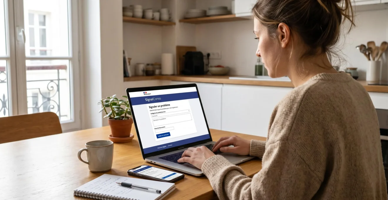 Personne consultant le site SignalConso de la DGCCRF sur ordinateur pour signaler une arnaque de serrurier, interface en français visible à l'écran