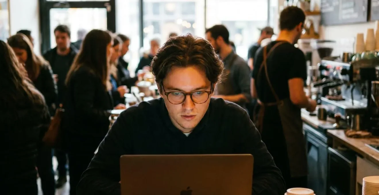 Personne utilisant un ordinateur portable dans un espace public, illustrant les enjeux de confidentialité des données IP